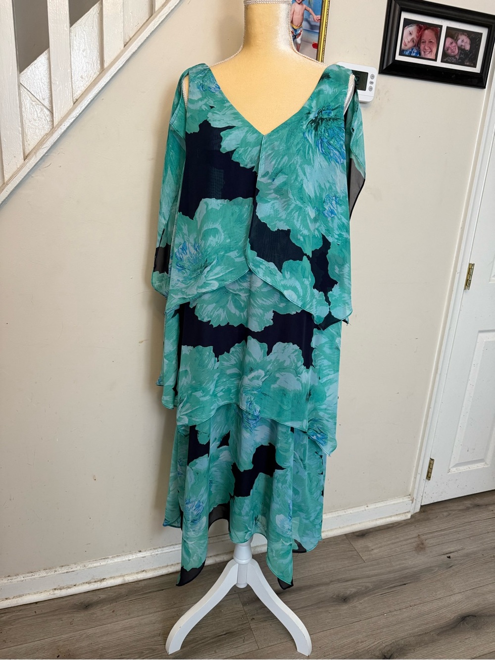 SLNY Teal Floral Layered V-Neck Maxi Dress